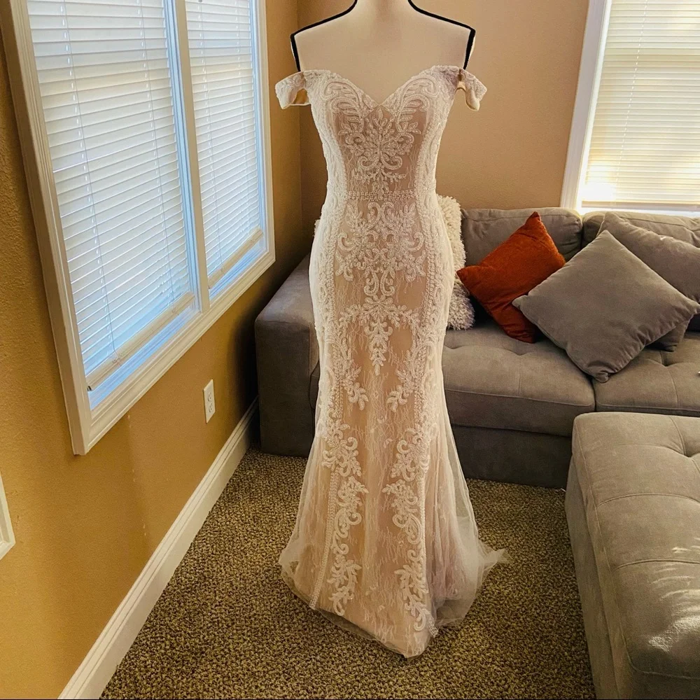 NWOT Lulus Promised Love White Beaded Lace Off-the-Shoulder Maxi Dress - Picture 8 of 16